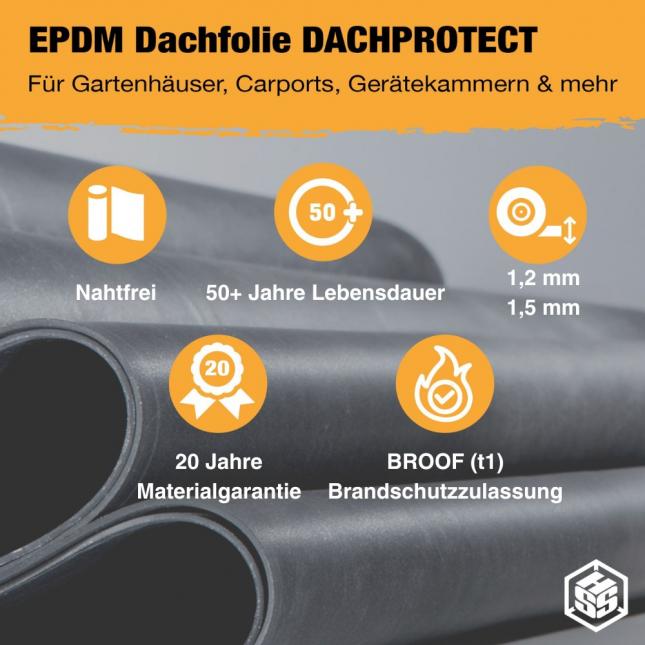 DACHPROTECT EPDM DACHBAHN 1,5mm für Wohngebäude Gartenhäuser Carports Schuppen